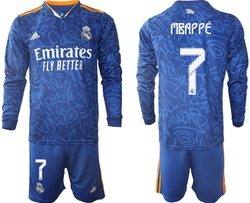 Men 2021-2022 Club Real Madrid away blue Long Sleeve #7 Soccer Jersey1